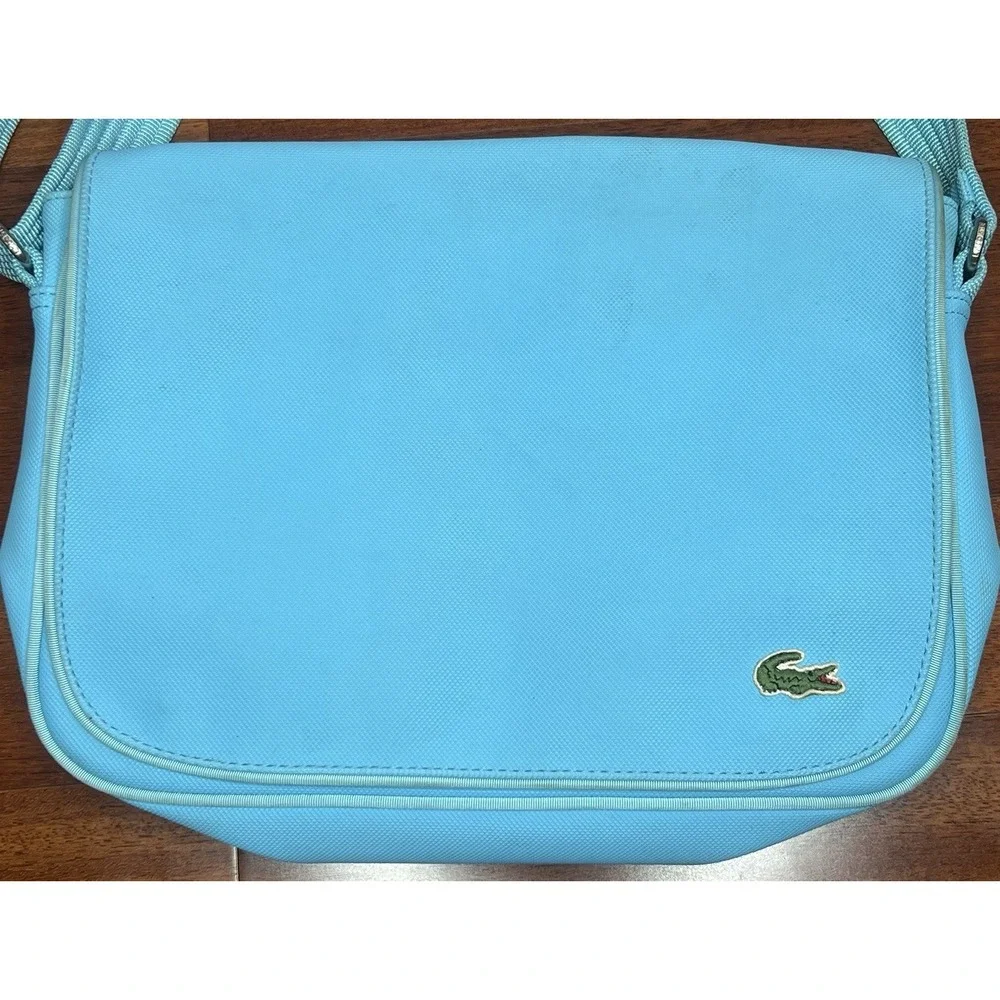Lacoste Messenger Bag Sky Blue PVC New Classic 40 Retro Stripes *Needs Cleaning*